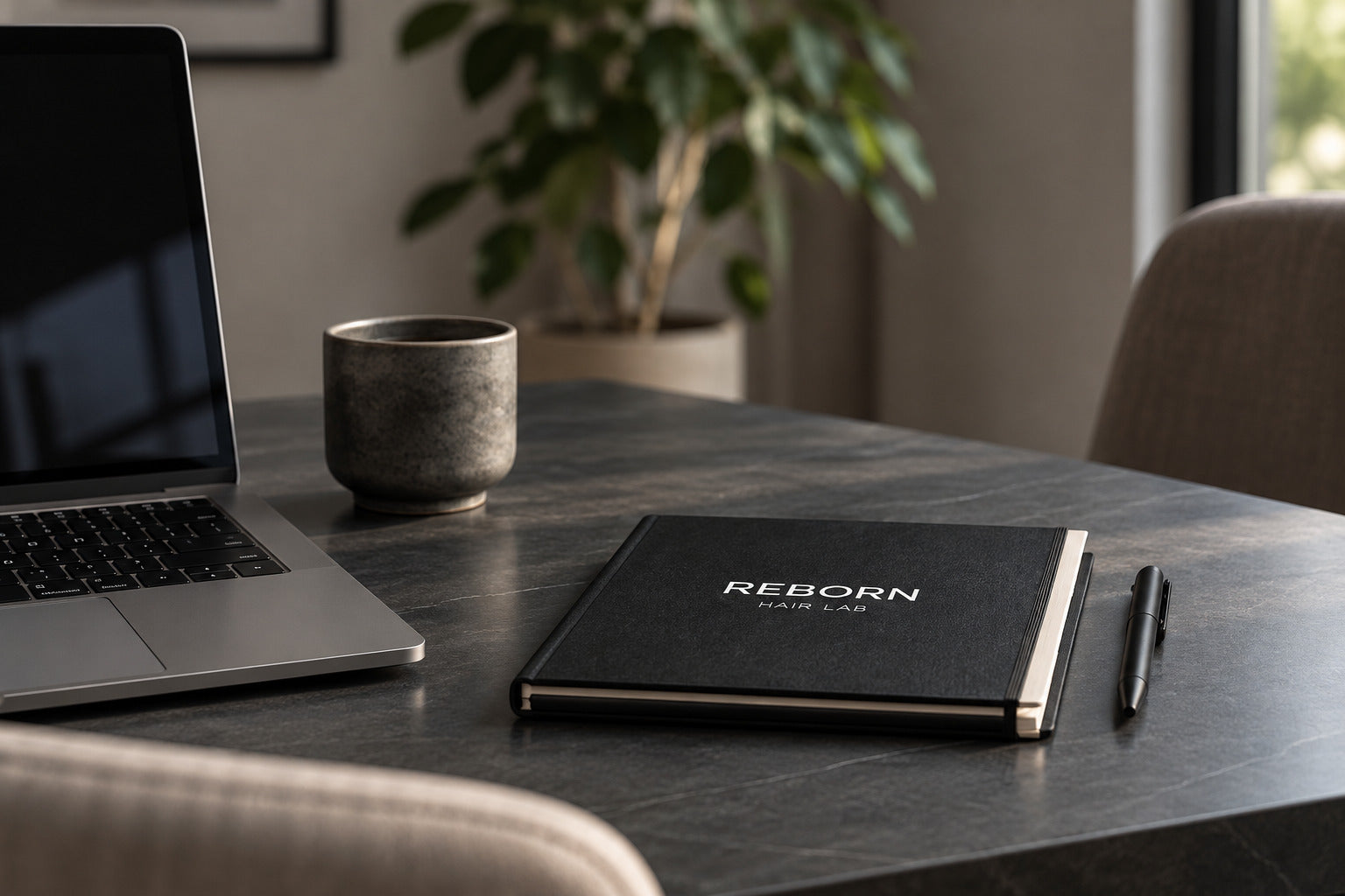 Scrivania scura: quaderno Reborn, laptop, tazza, luce naturale morbida